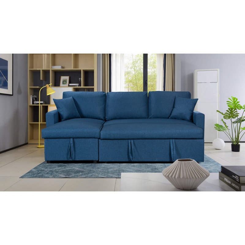 Sorrelle 82"W Blue Linen Fabric Reversible Sleeper Sectional Sofa With Storage Chaise, Blue Linen