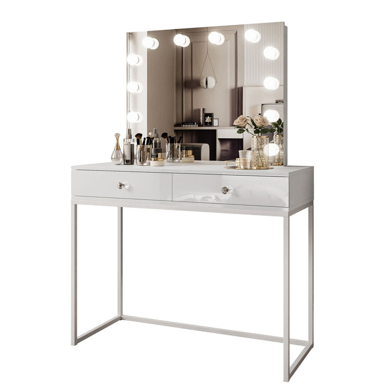 Anashima Dressing Table with Mirror, White/White high gloss/White crystal