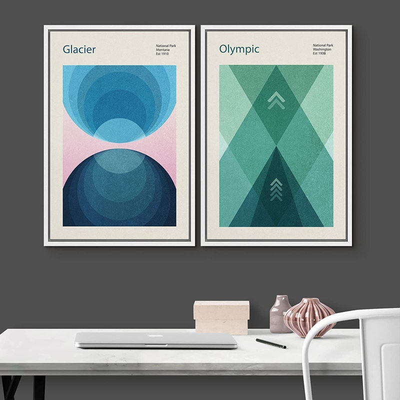 Abstrait, blocs de couleurs vives et abstraites, impression sur toile encadrée, ensemble d'art géométrique, parc national olympique, glacier, formes abstraites, illustrations, art moderne décoratif multicolore pour le salon, la chambre à coucher, le 