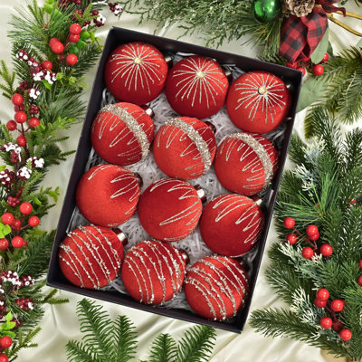 12 pièces / ensemble de pendentif boule de Noël en velours 8 cm 3,2 pouces boîte de décoration boule de Noël, rouge