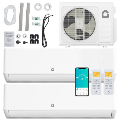 Mini pompe à chaleur 18K à deux zones 18 000 BTU 24 SEER2 WiFi 208-230V refroidit jusqu'à 1500 pieds carrés Système à 2 zones sans conduit