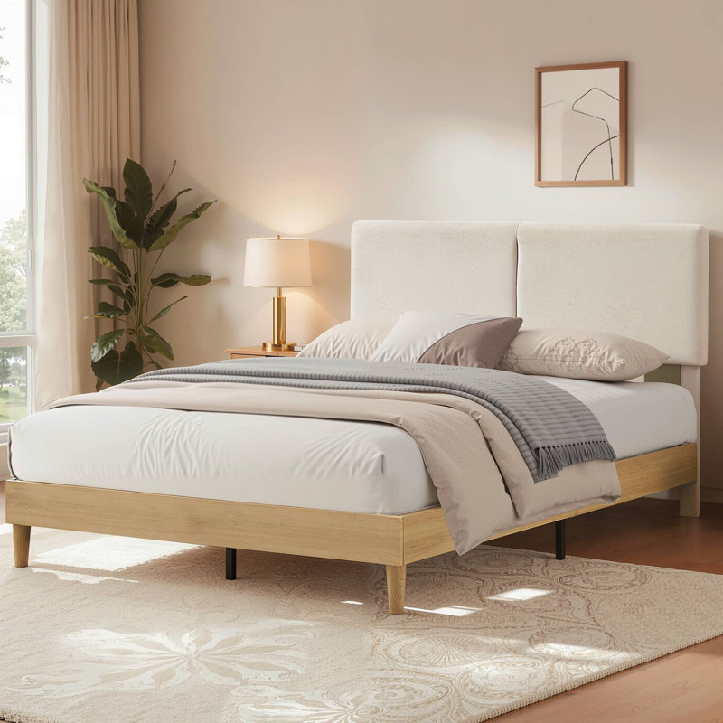 Lit plateforme en tissu d'ameublement Binnett, Grand lit, Beige