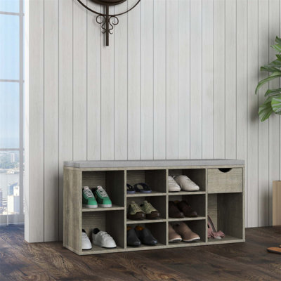 Multifunctional Entryway Storage Bench With Padded Cushion, Drawer, And Open Compartments For Shoes And Accessories