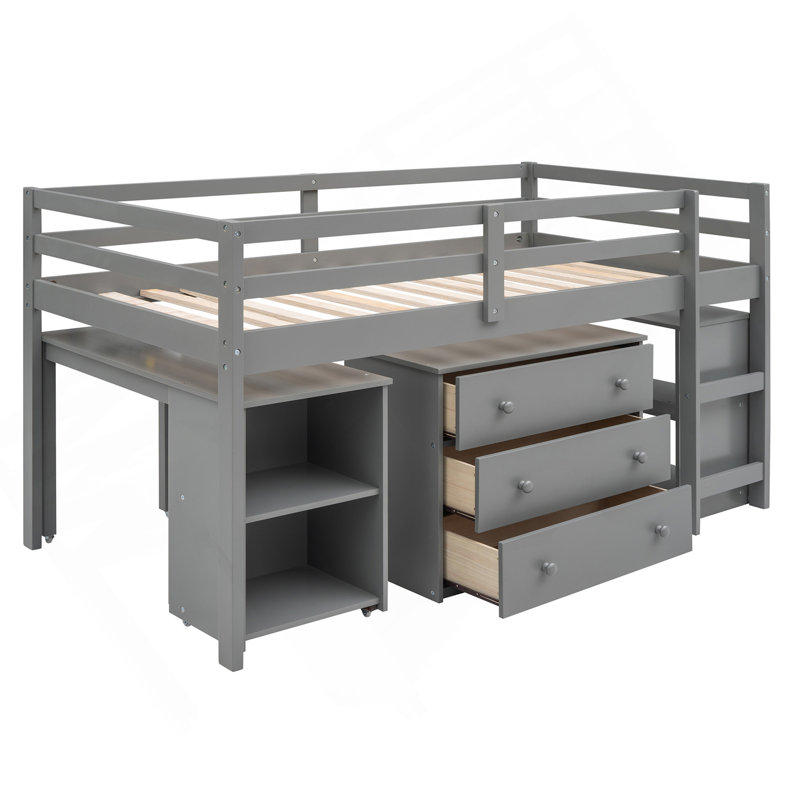 Lit mezzanine simple bas avec cabinet et bureau portatif à roulettes - gris, Gris