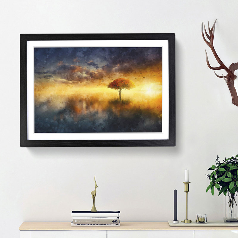 Flying Birds over a Lone Tree - Picture Frame Graphic Art Print, 45cm H x 63cm W x 2cm D, Black Framed