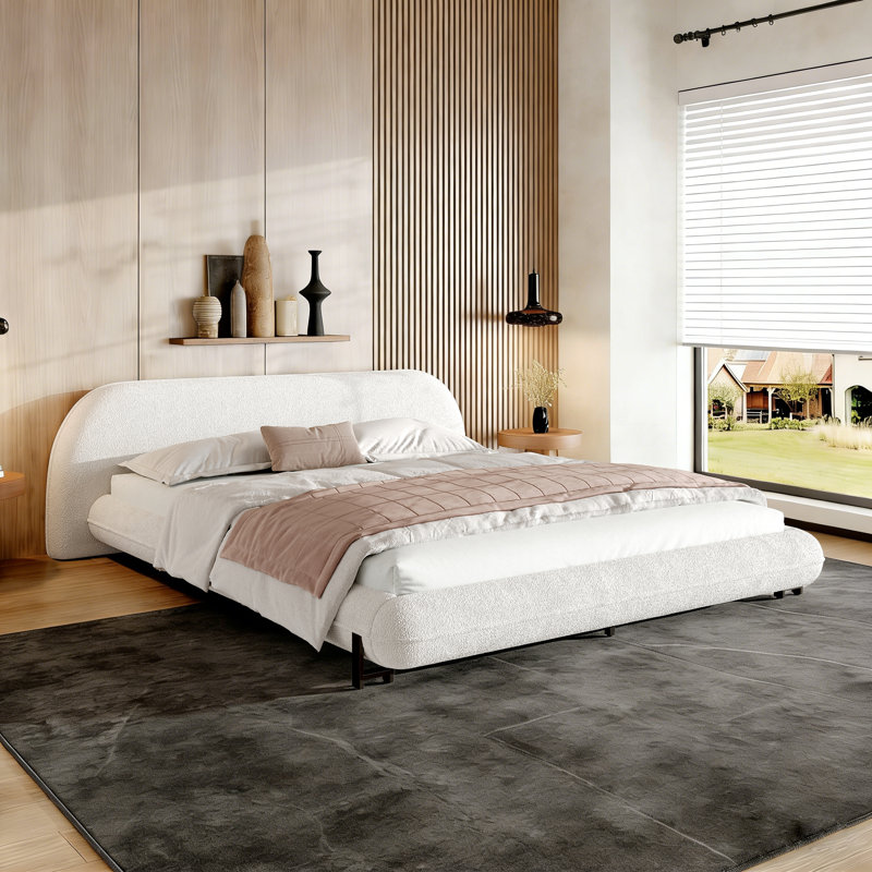 Upholstered Platform Bed with Rounded Headboard, Boucle Bed Frame with Wood Slat Support, Weight Capacity 700 lbs, No Box Spring Needed, White, King
