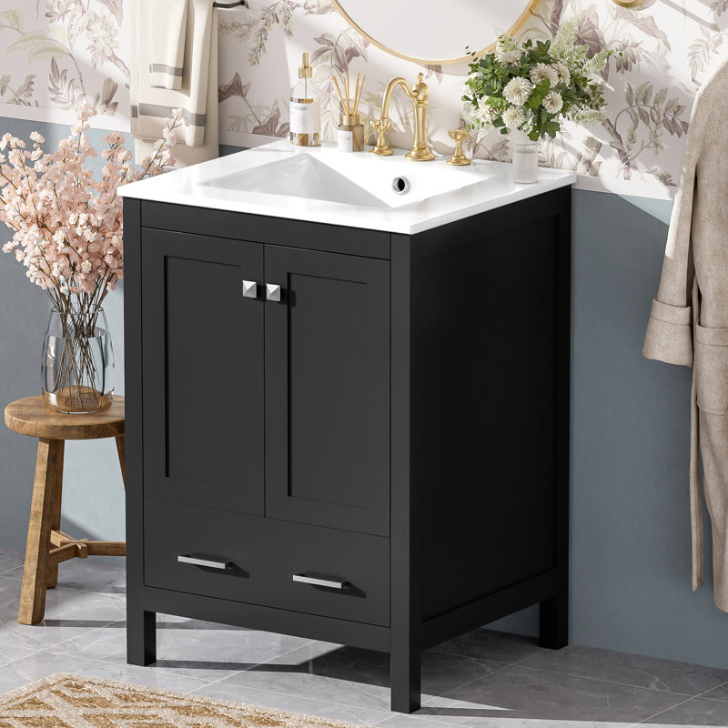 Meuble-lavabo de 24 po avec lavabo intégré et armoire de rangement à fermeture en douceur, Noir