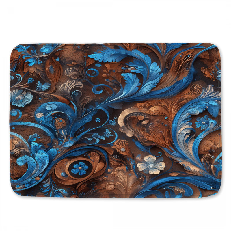 Tapis de bain floral complexe bleu-brun, 34in W x 21in L