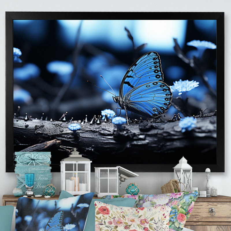 Forêt de papillons bleu forêt - impression, H 12 po x l 20 po x P 1 po, Cadre simple noir