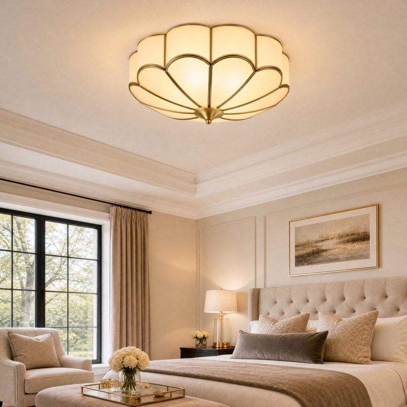 17.72" Brass Flush Mount Ceiling Light, Art Deco Frosted Glass