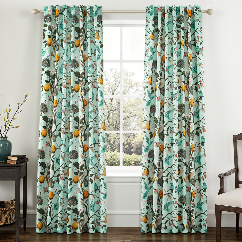 Fancy Hummingbird Patterned Room Darkening Curtain,Rod Pocket Back Tab Floral Drapes,Set of 2, 52" W x 96" L, MintGreen