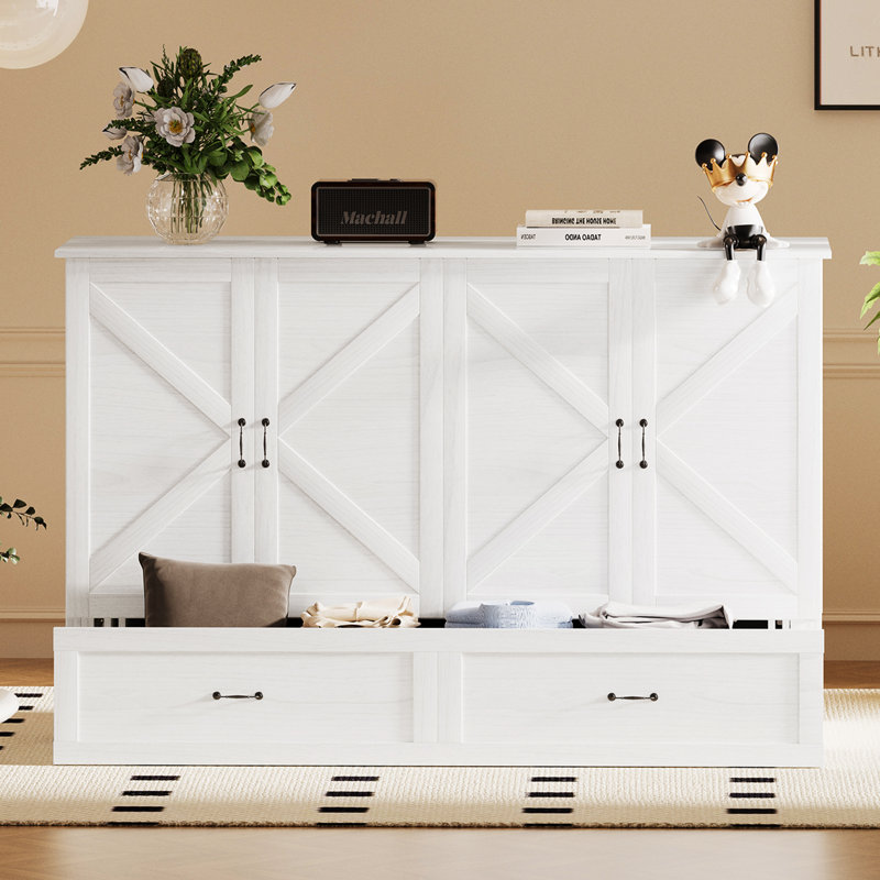 Grand lit escamotable avec station de charge et tiroirs de rangement, blanc Murphy, Blanc