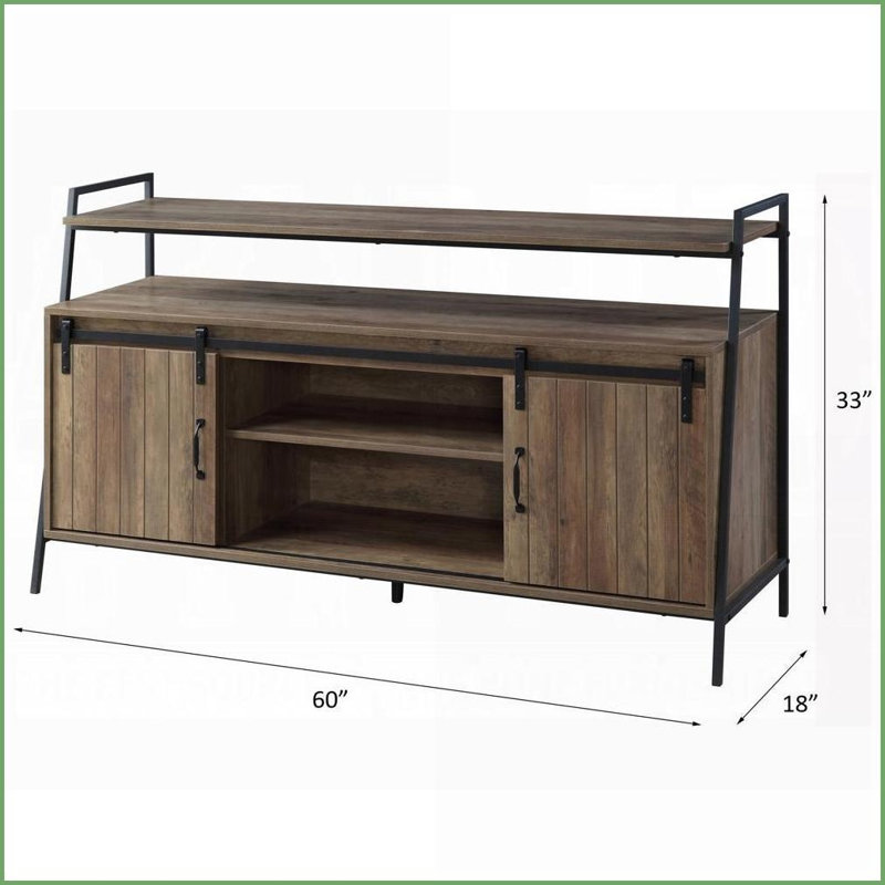 TV Stand, Rustic Oak &amp; Black Metal Frame with Sliding Barn Door | Fits 58-Inch TVs | Oak | TV Size Ranges 50-59 inches