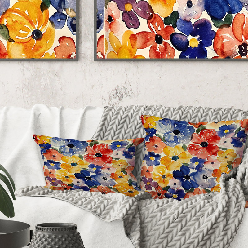 Jardins floraux rouges et bleus rétro - Coussin décoratif floral rétro, H 16 po x l 16 po