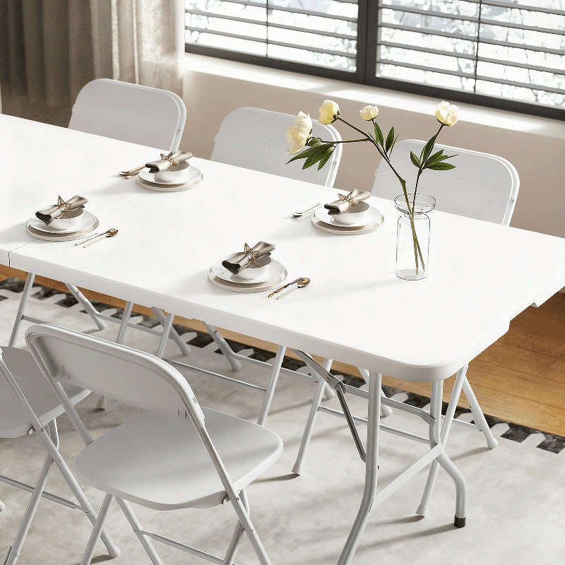 8ft Plastic Folding Table, Portable Bi-Fold Event Table, Indoor Outdoor Picnic Card Table with Carrying Handle, White/Gray
