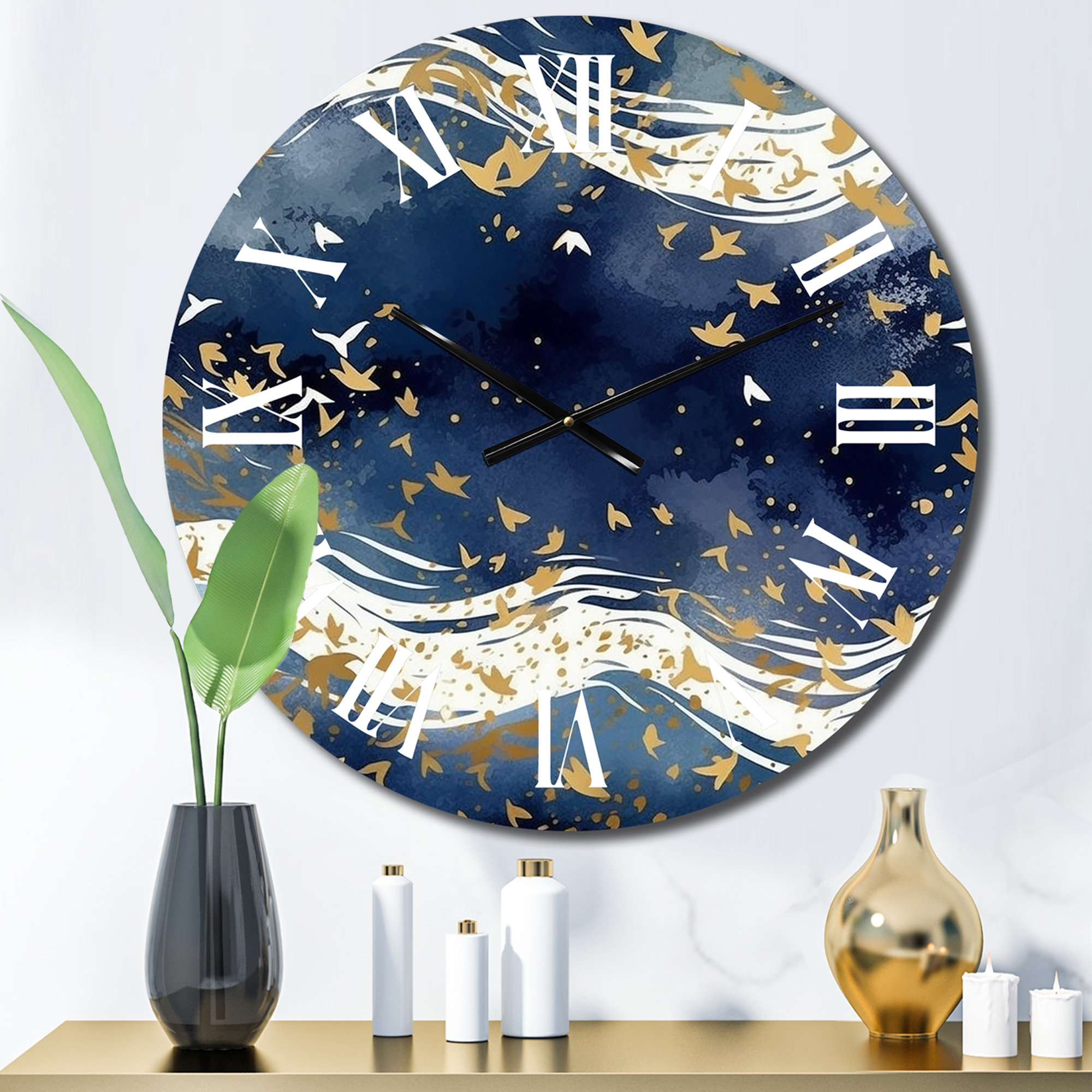 Designart Dark Blue And Gold Abstract Viii Metal Wall Clock 