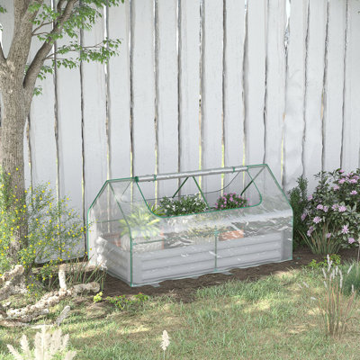 Lit de jardin surélevé avec mini couvre-serre en PVC, jardinière en métal avec 2 fenêtres à enroulement