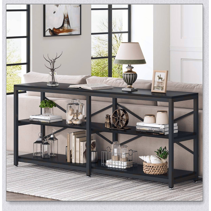 Console extra longue de 70,9 po avec tablettes de rangement, canapé industriel à 3 niveaux derrière le canapé, table d'entrée moderne avec structure en métal et conception en X pour le salon, bibliothèque de couloir
