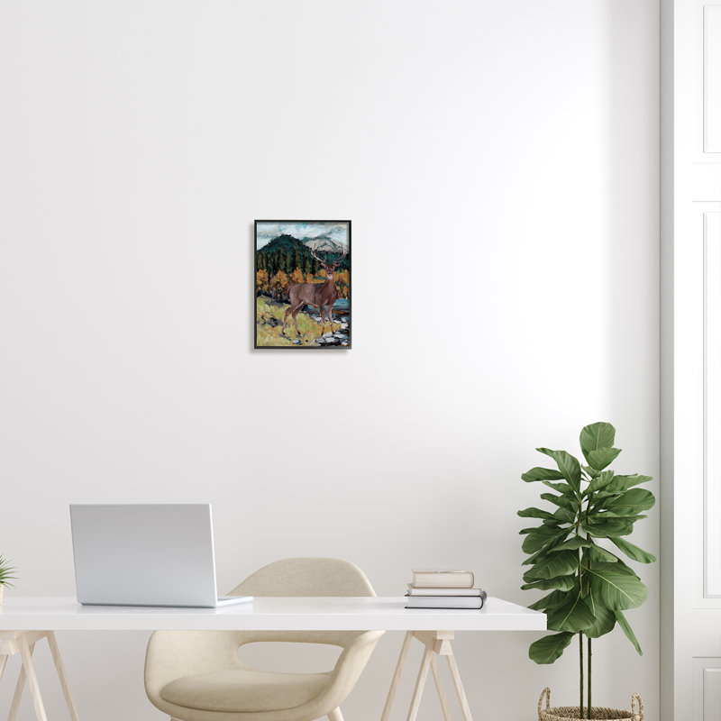 Cerf, rivière, paysage - peinture, Giclée encadrée noir minuit, H 14 po x l 11 po x P 1,5 po