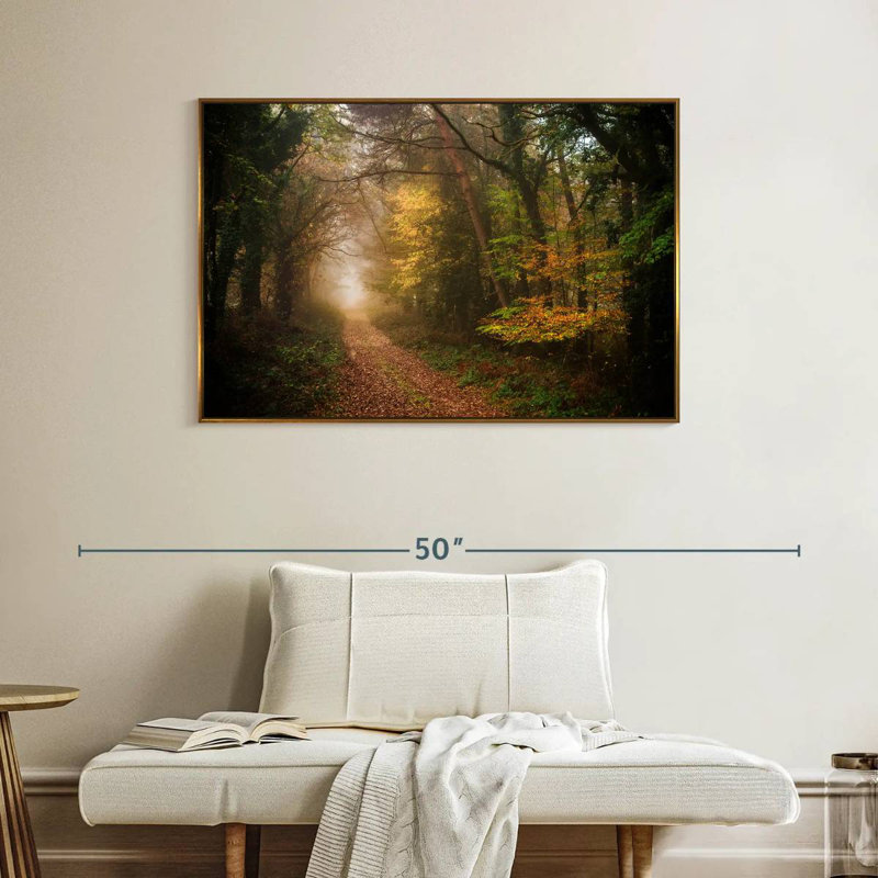 Chemin dans la forêt d'automne, Cadre flottant doré, 40 po x 27 po