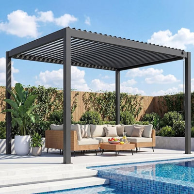 Outdoor Pergola with Adjustable Louvered Roof, Heavy-Duty Aluminum Frame & Iron Louvers, Metal Pergola for Patios, Backyards and Gardens
