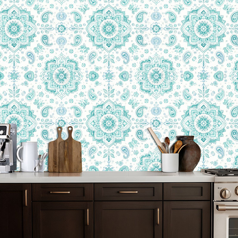 Papier peint auto-adhésif mandala sans soudure Turquoise blanc à motif de motifs indiens traditionnels, L 17,7 po x L 118 po