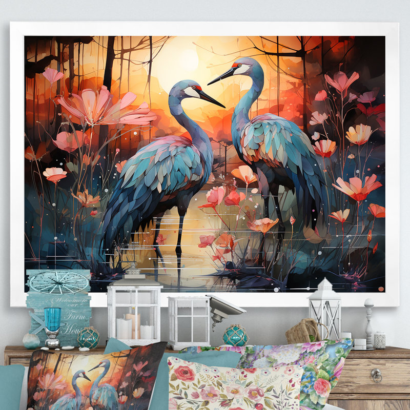 Flamant crépuscule sur toile, Cadre simple blanc, H 16 po x l 32 po x P 1,5 po