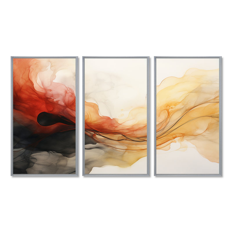 Daaniyal - ensemble d'art mural abstrait à encre liquide, Encadrement argenté, H 32 po x l 48 po x P 1 po