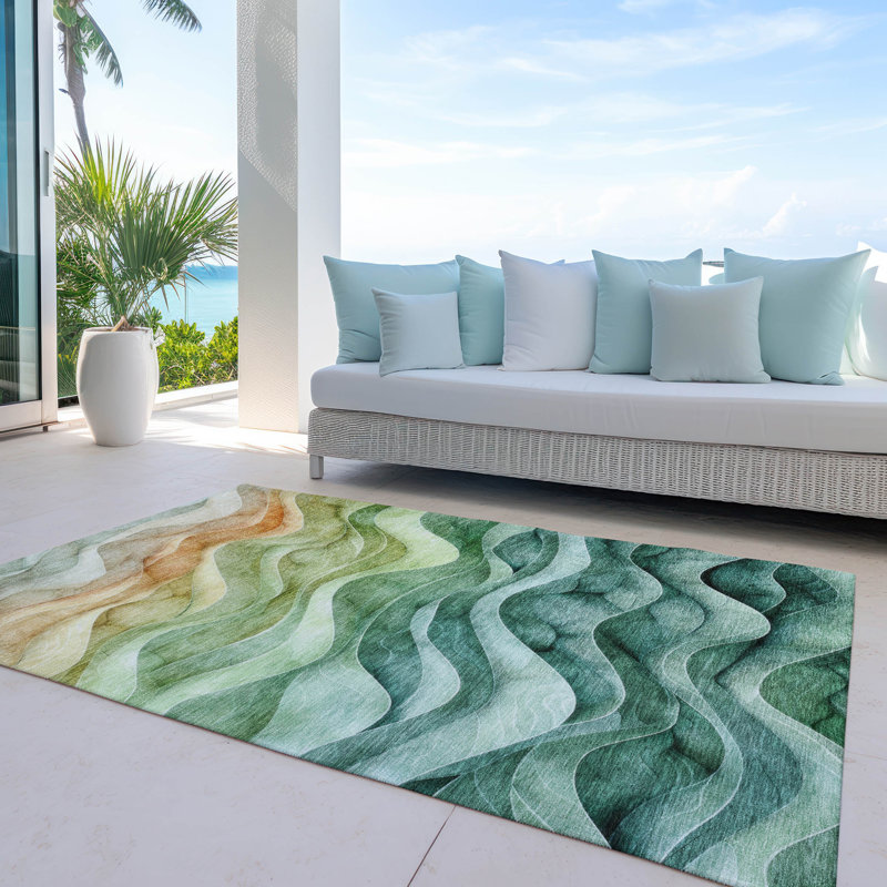 Teal and Green Wave Pattern Washable Synthetic Rug 8' x 10'