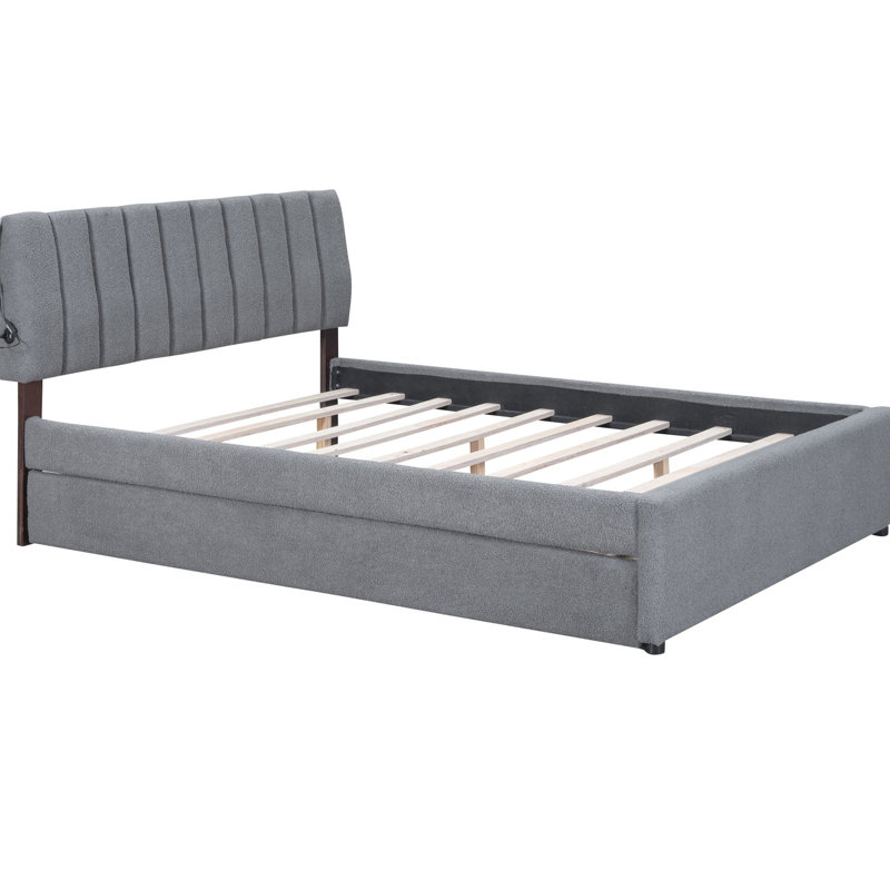 Lit plateforme tapissier avec lit gigogne simple TG et texture confortable, molleton gris pour grand lit, Gris