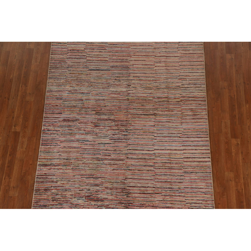 Tapis beige en laine noué à la main de conception unique 5 pi 7 po x 7 pi 8 po New Age