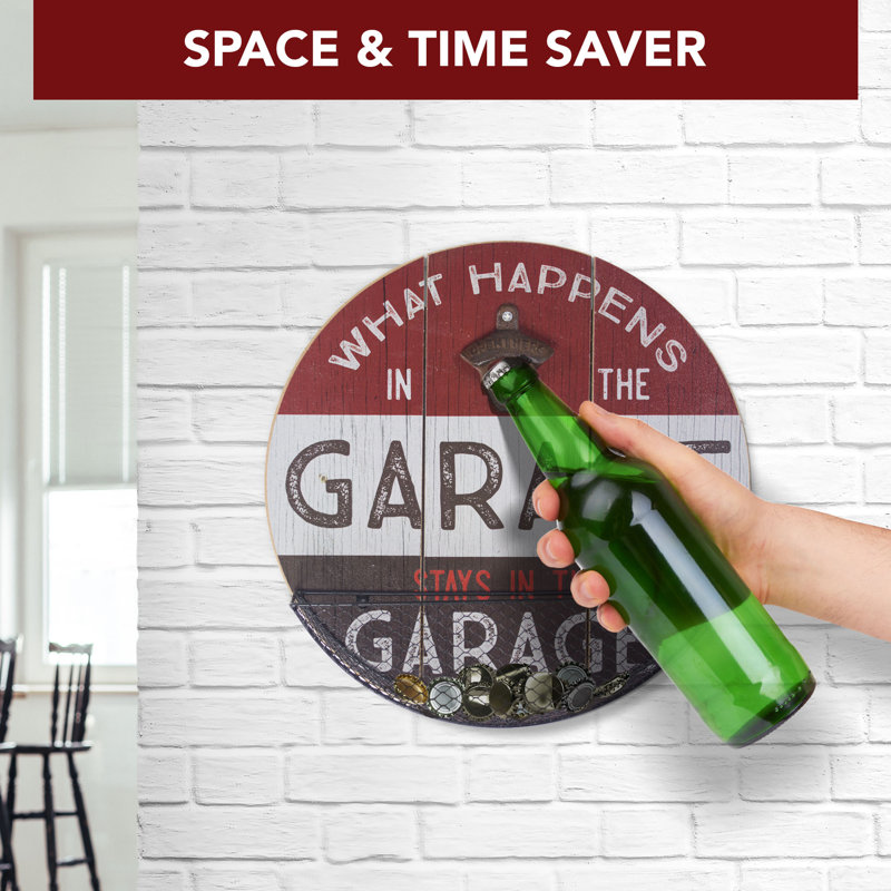 Trinx What Happens in the Garage Bottle Opener & Cap Catcher - 14" x 14" x 3.25"