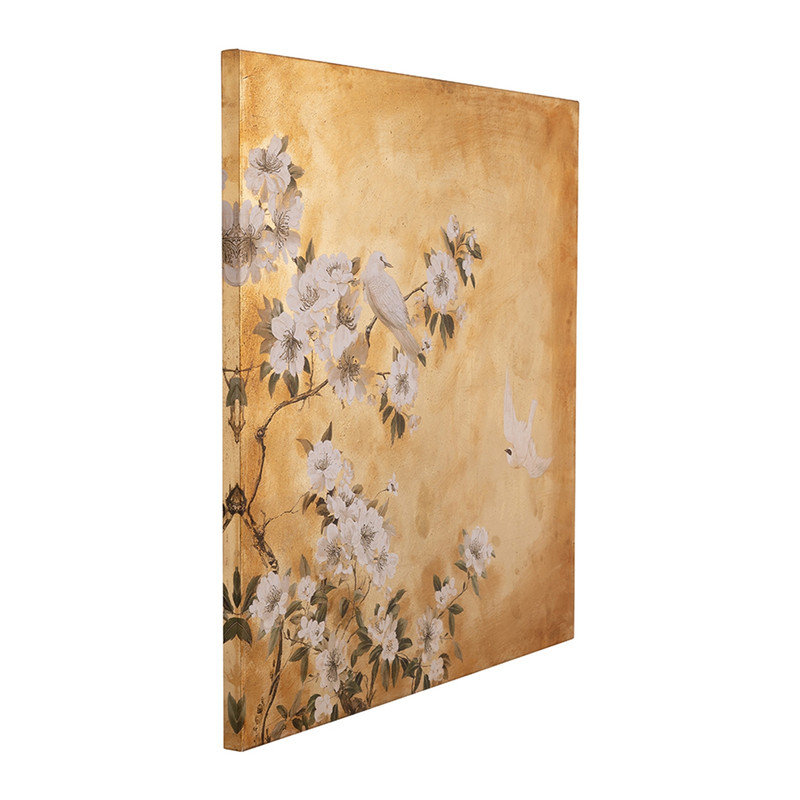 Art mural en toile blanche à fleurs peintes à la main sur fond doré texturé pour décor de campagne française et japonais, 38,6 po x 38,6 po