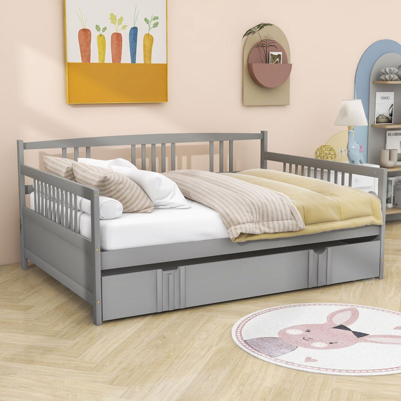 Jaye Wooden Daybed with Twin Size Trundle, Full, Gray