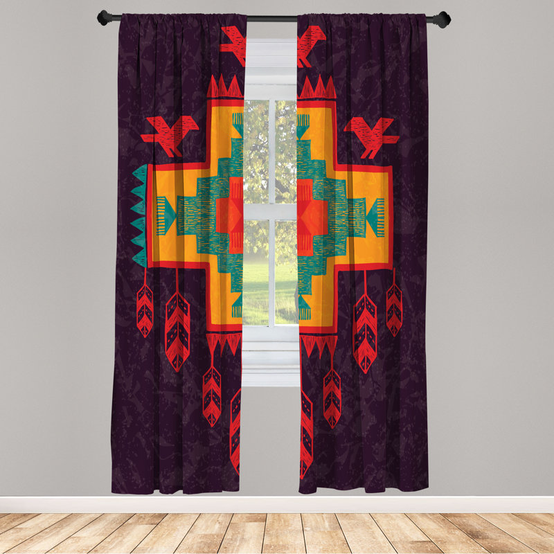 Ebern Designs Tribal Curtains, Dreamcatcher Folkloric Ikat, Dark Purple/Pink, 28" W x 63" L