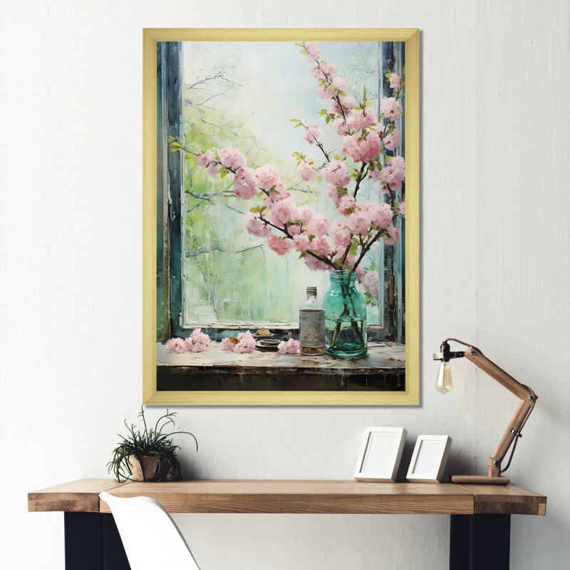 Fleurs roses du Japon, vue de fenêtre - Japon, art mural, H 32 po x l 16 po x P 1 po, Cadre photo doré simple
