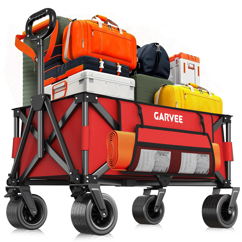 Foldable Heavy Duty Utility Wagon, 209KG Capacity Collapsible Cart with 360° All-Terrain Brake Wheels, Adjustable Rebound Handle & Extra Storage for Camping Garden Shopping