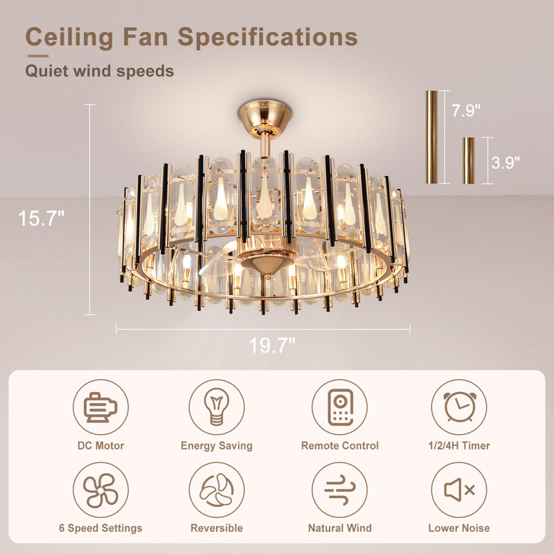 Ventilateur de plafond en cristal avec cage réversible à distance G9 - doré, 19,6 po de largeur