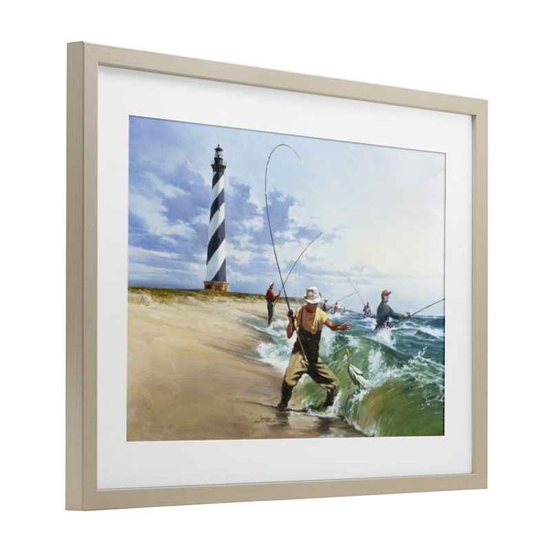 Cape Hatteras Fishermen, reproduction encadrée sous verre, conception de Wind River Studios, Cadre de récolte en pin