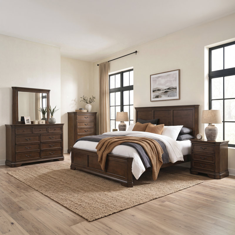 Ailany 6 Piece Bedroom Set, King, Antique Walnut, 6 Pcs: Bed, 2 Nightstands, Dresser, Mirror, Chest