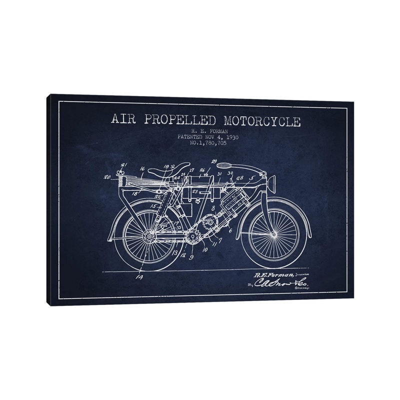 R.E. Forman Air-Propelled Motorcycle Patent Sketch (Navy Blue) by Aged Pixel - Wrapped Canvas Print