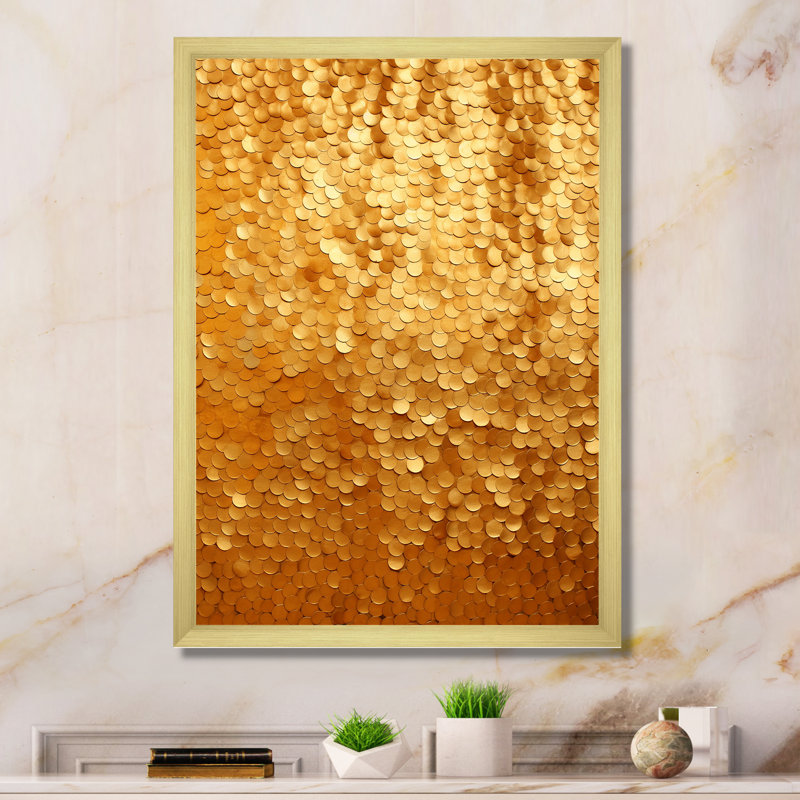 Golden Tiles Sunset Mirage - art mural abstrait, Cadre photo doré simple, H 32 po x l 16 po x P 1 po