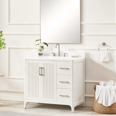 36" Solid Wood Freestanding Bathroom Vanity With Ultra-White Artificial Stone Top, 3 Soft-Close Drawers & Built-In Power Station, Pre-Assembled