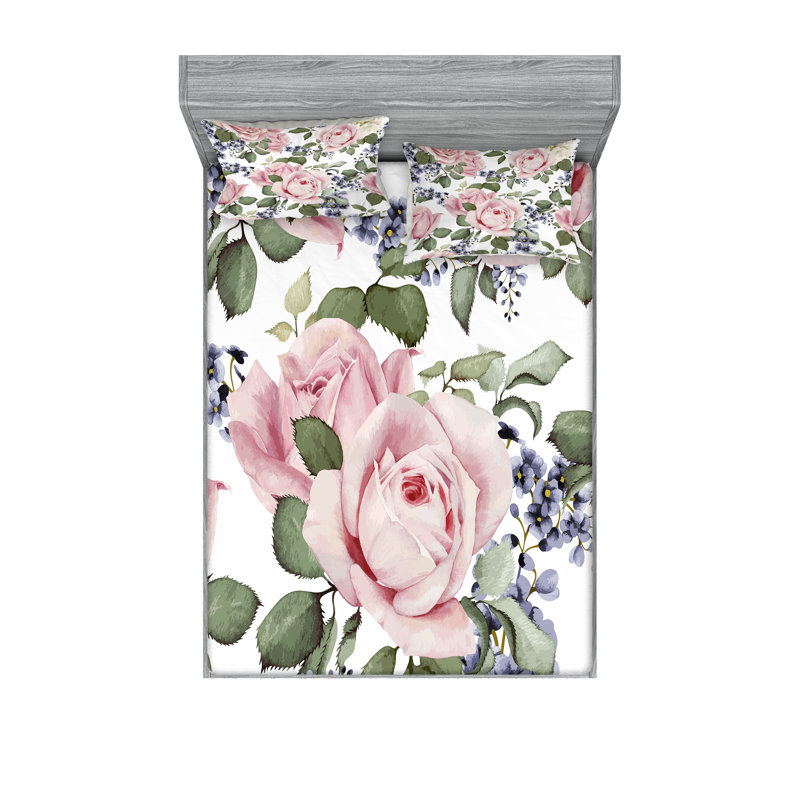 Drap-housse et coussin décoratif Ambesonne Rose rose pâle vert bleu gris, Ensemble de draps pour très grand lit + 5 pièces