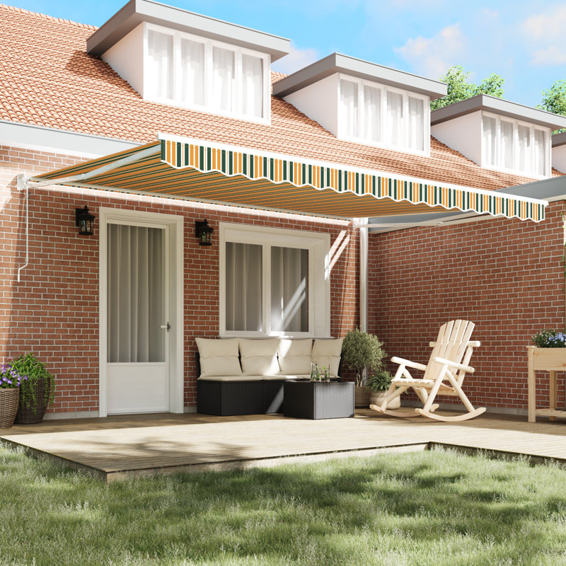 Ebern Designs Retractable Patio Awning, 450 cm W x 300 cm D, Green/Yellow Striped