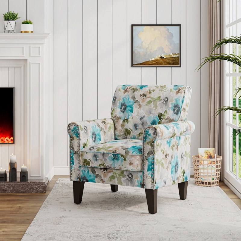 Chaise d'appoint Barnet en bleu pastel et floral gris avec pieds en bois massif, Blue