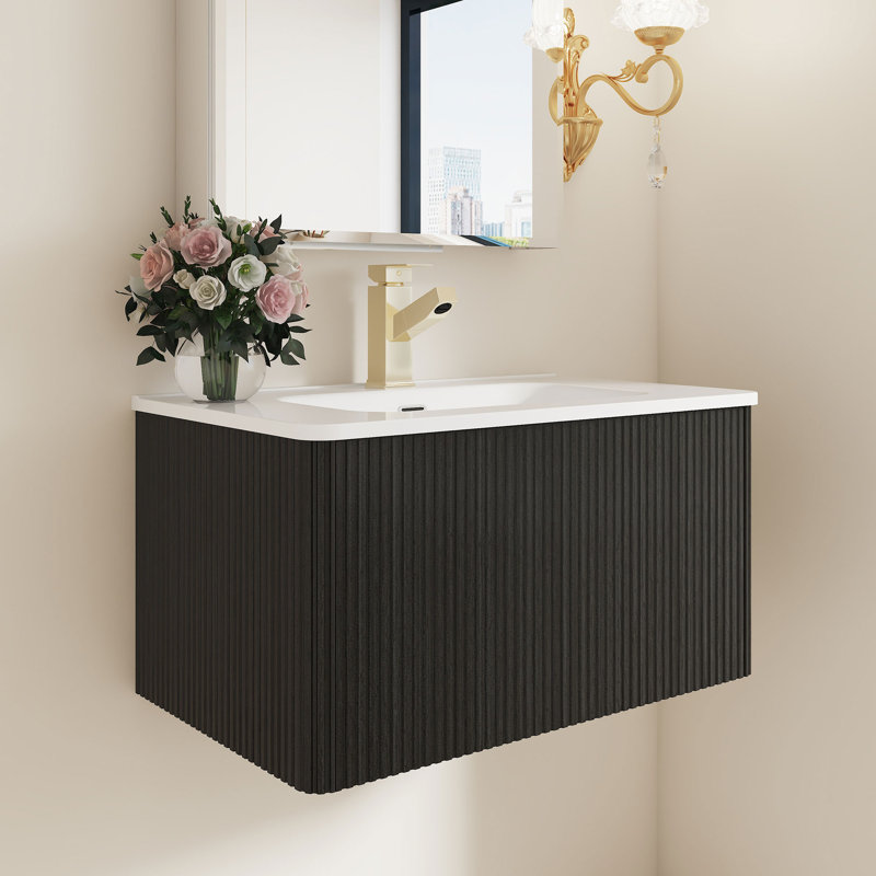 30 Inches Wall-Mounted Bathroom Vanity Set With Ceramic Basin, Black