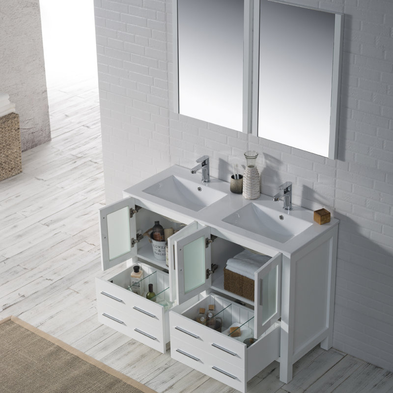 Ensemble de meuble-lavabo double 48 po avec miroir Mance, Blanc lustré