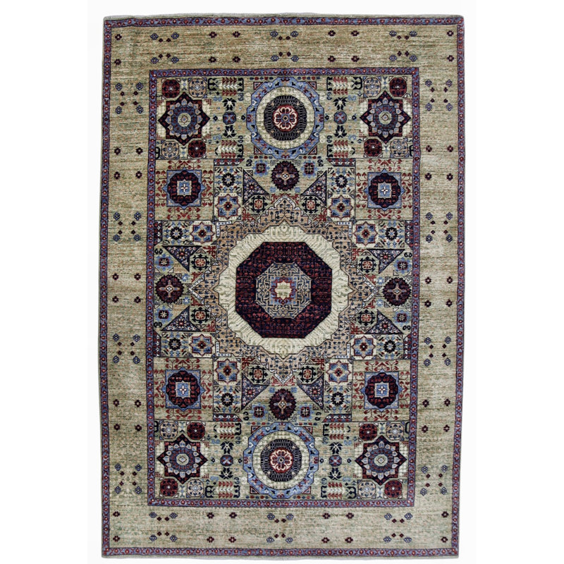 Hand Knotted Wool Area Rug in Beige, Rectangle 5'1" x 7'4"