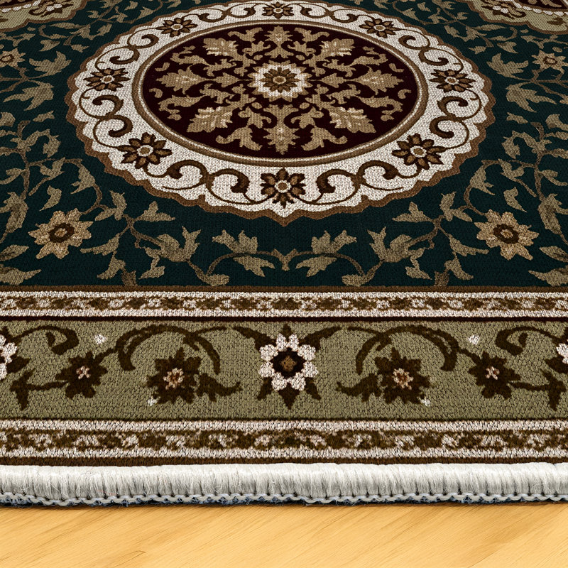 Isabel Collection Digital Print Cotton-Polyester Green Beige Brown Oriental Rug, Runner 6'7" x 14'10"